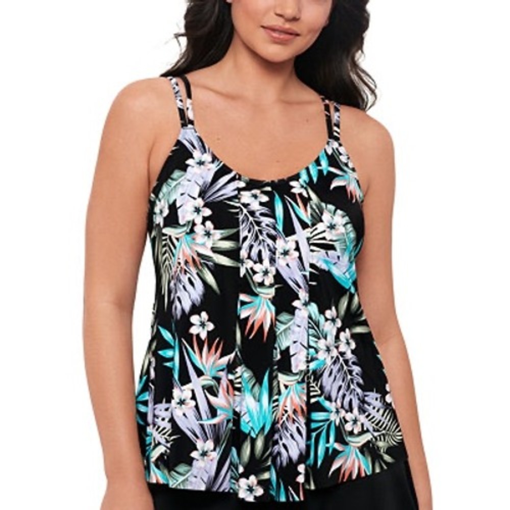 Swim Solutions Pleated Tankini Top Black Multi Tropical‎ Floral Size 18 NWT